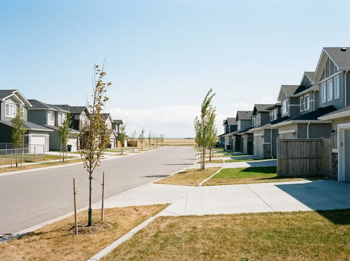 A wide new Airdrie residential street of closely spaced two-storey houses with young staked trees and open prairie sky.