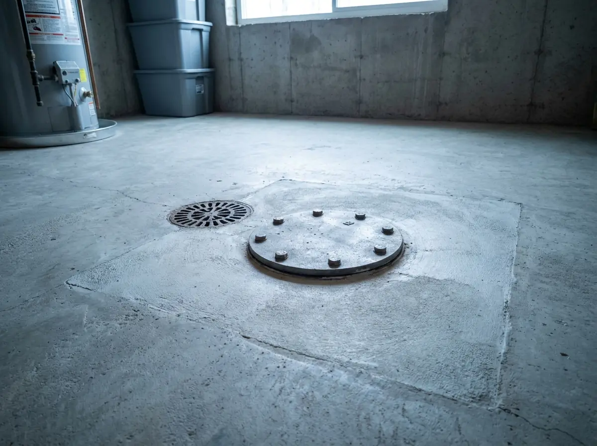 A backwater valve access cover in a basement slab A round bolted backwater valve access cover set flush into a concrete basement floor beside a floor drain.