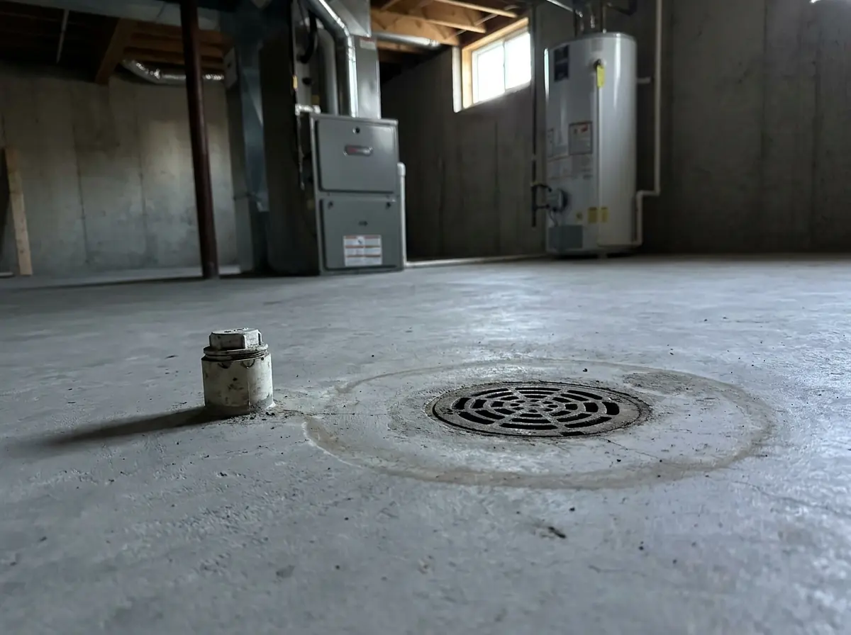 A basement floor drain and cleanout A basement floor drain in a concrete slab beside a capped sewer cleanout, with a faint damp ring around the drain.