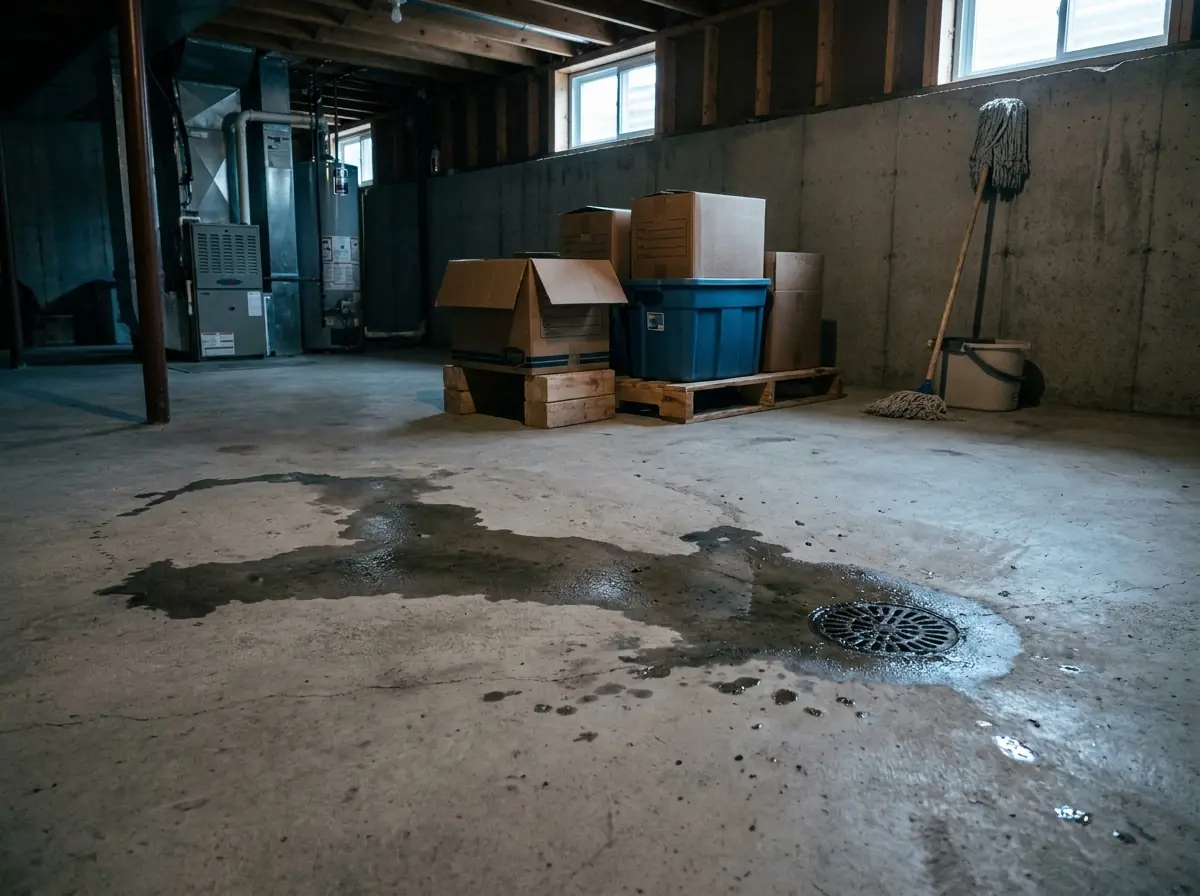 A basement floor drain after a backup A basement sewer backup: a damp stain spreading from the floor drain, storage boxes raised clear on wooden blocks.