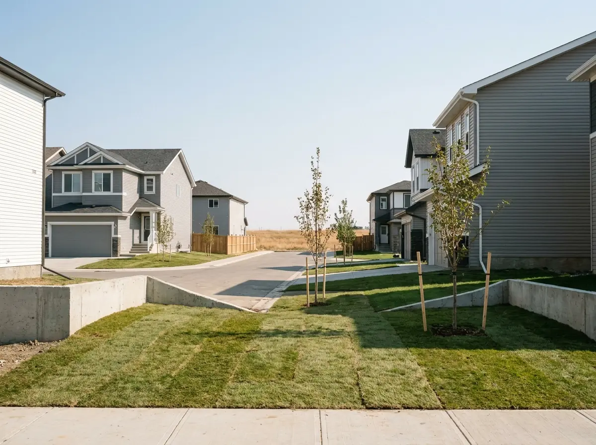 A recently built Calgary community A street of new two-storey Calgary houses with narrow frontages, young staked trees and fresh sod on small front lawns.