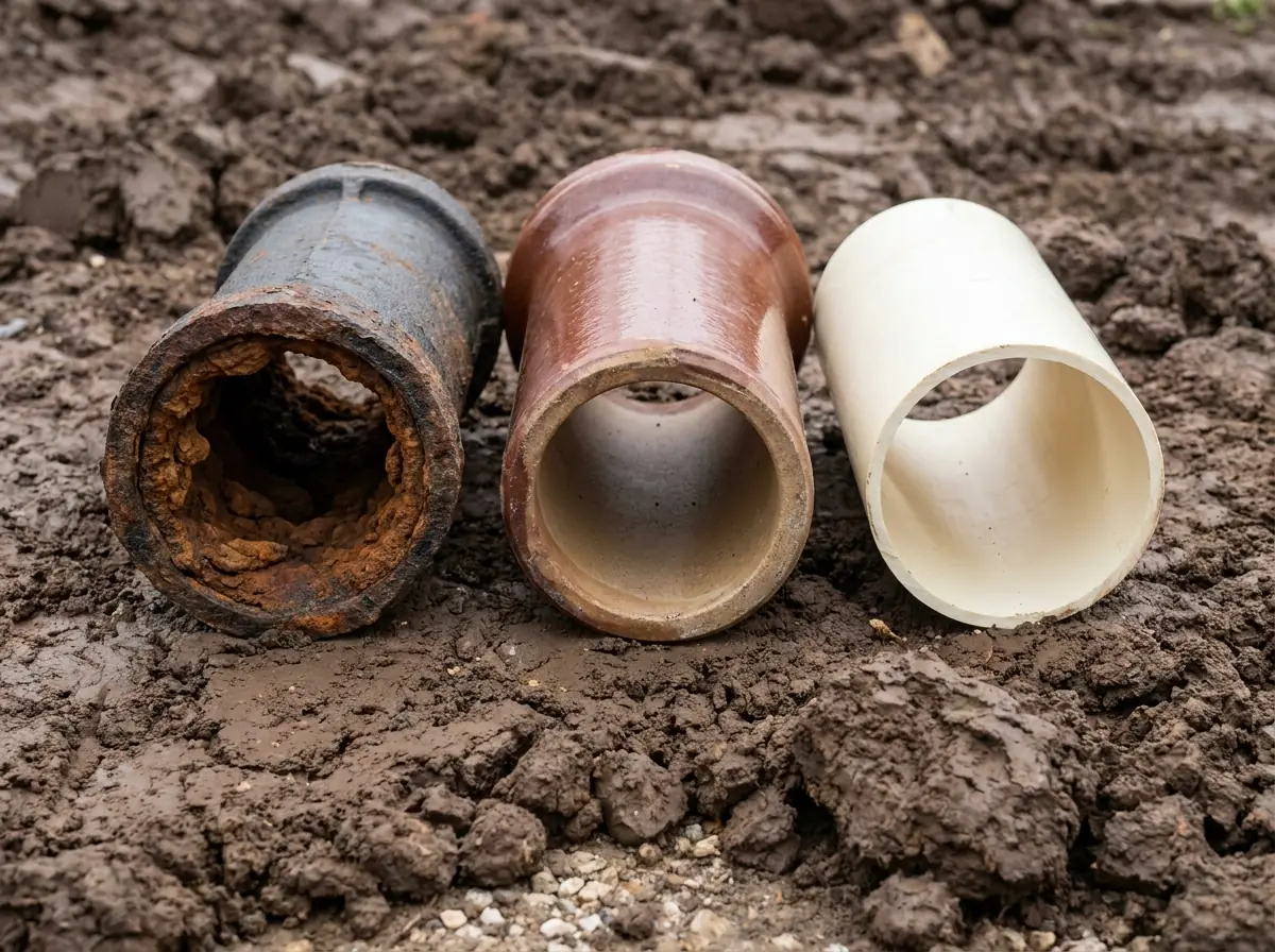 Cast iron, clay and PVC sewer pipe side by side: scaled grey cast iron, reddish clay with a bell collar, smooth white PVC.