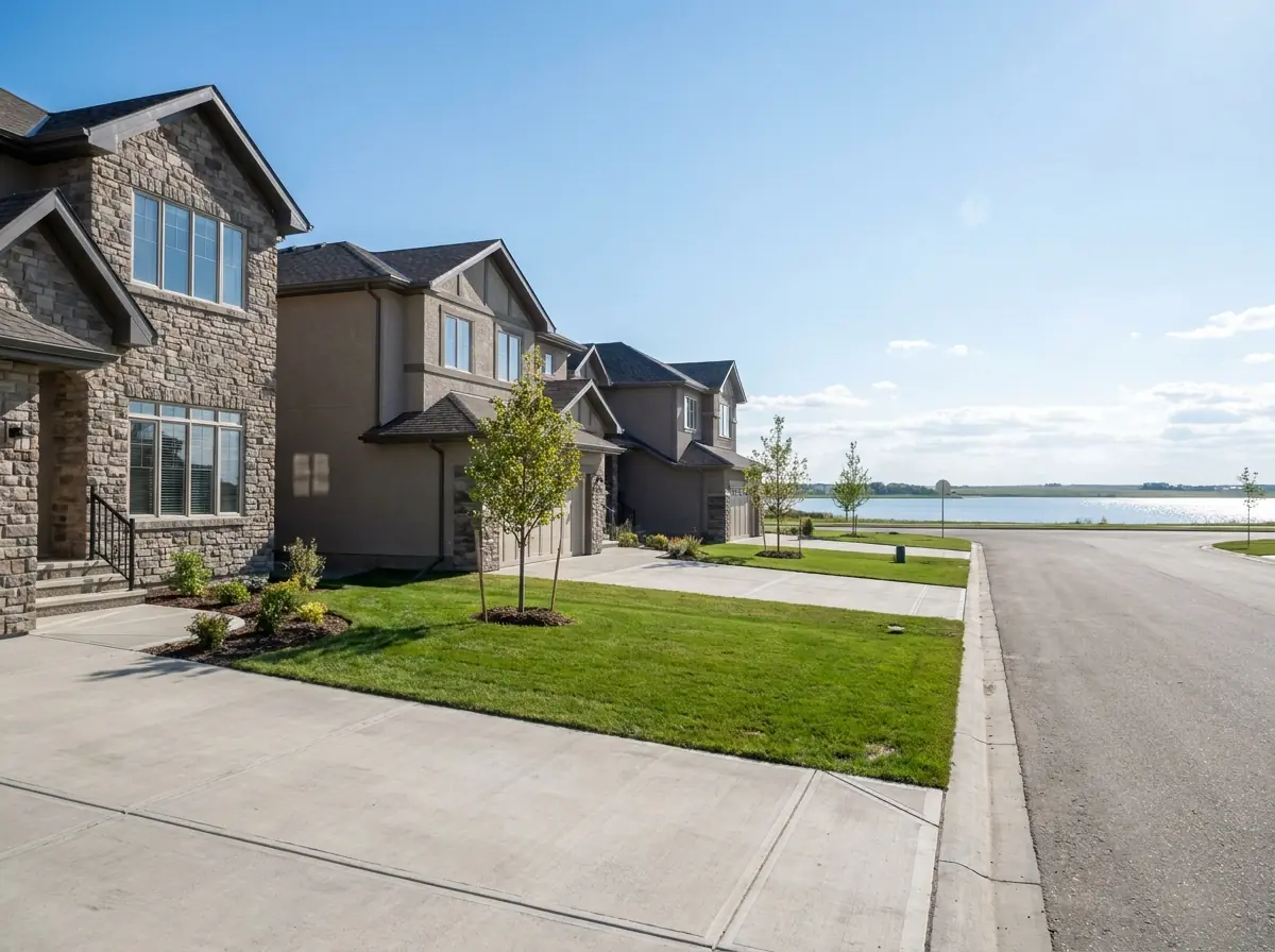 A street of large modern Chestermere houses on generous lots with young landscaping and open water visible beyond.