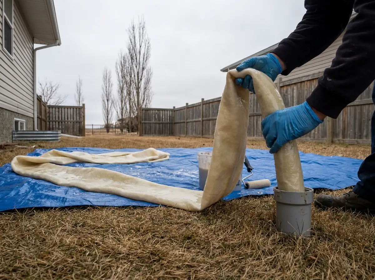 A resin-saturated liner being fed into a cleanout A resin-saturated CIPP liner being fed by gloved hands into a sewer cleanout at ground level.