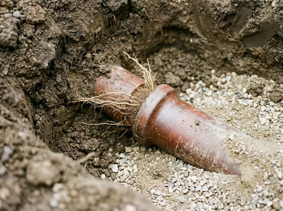 Clay sewer pipe joints in an excavation Two lengths of reddish-brown clay sewer pipe meeting at a bell-and-spigot joint in dark soil.