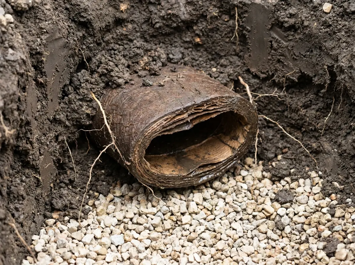 A collapsed bituminous fibre pipe A collapsed length of Orangeburg sewer pipe, the dark fibrous pipe deformed into an oval and delaminating inside.