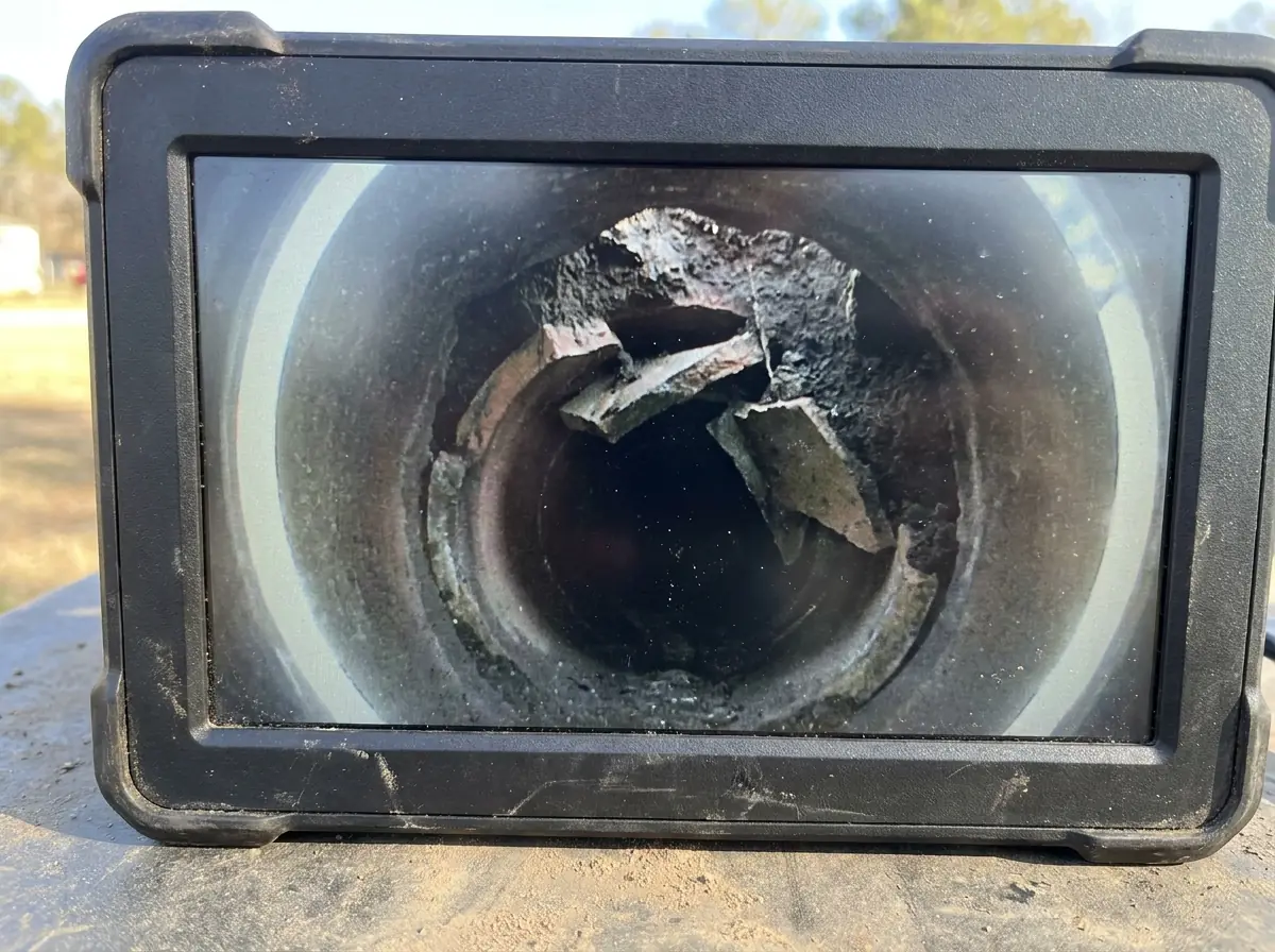 A sewer camera monitor showing a collapsed pipe, the top broken inward with soil intruding and the line beyond blocked.