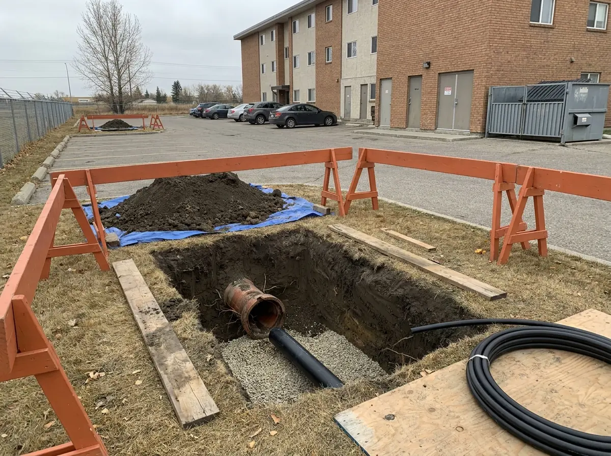 Trenchless work at a multi-unit building Commercial trenchless sewer work: a compact access pit and safety barrier beside a low-rise apartment building.