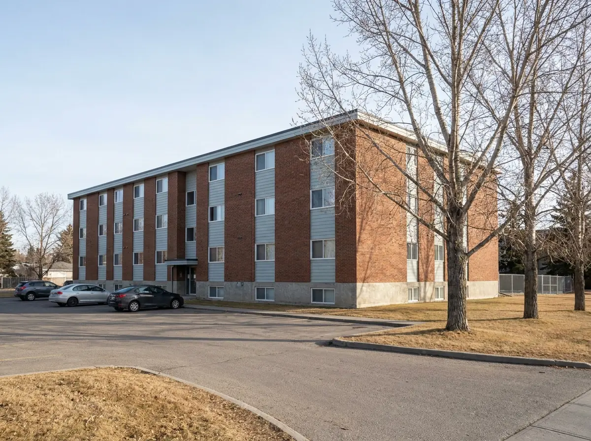 A low-rise condominium building in Calgary A four-storey brick and siding condominium building with mature landscaping and a paved visitor parking area.