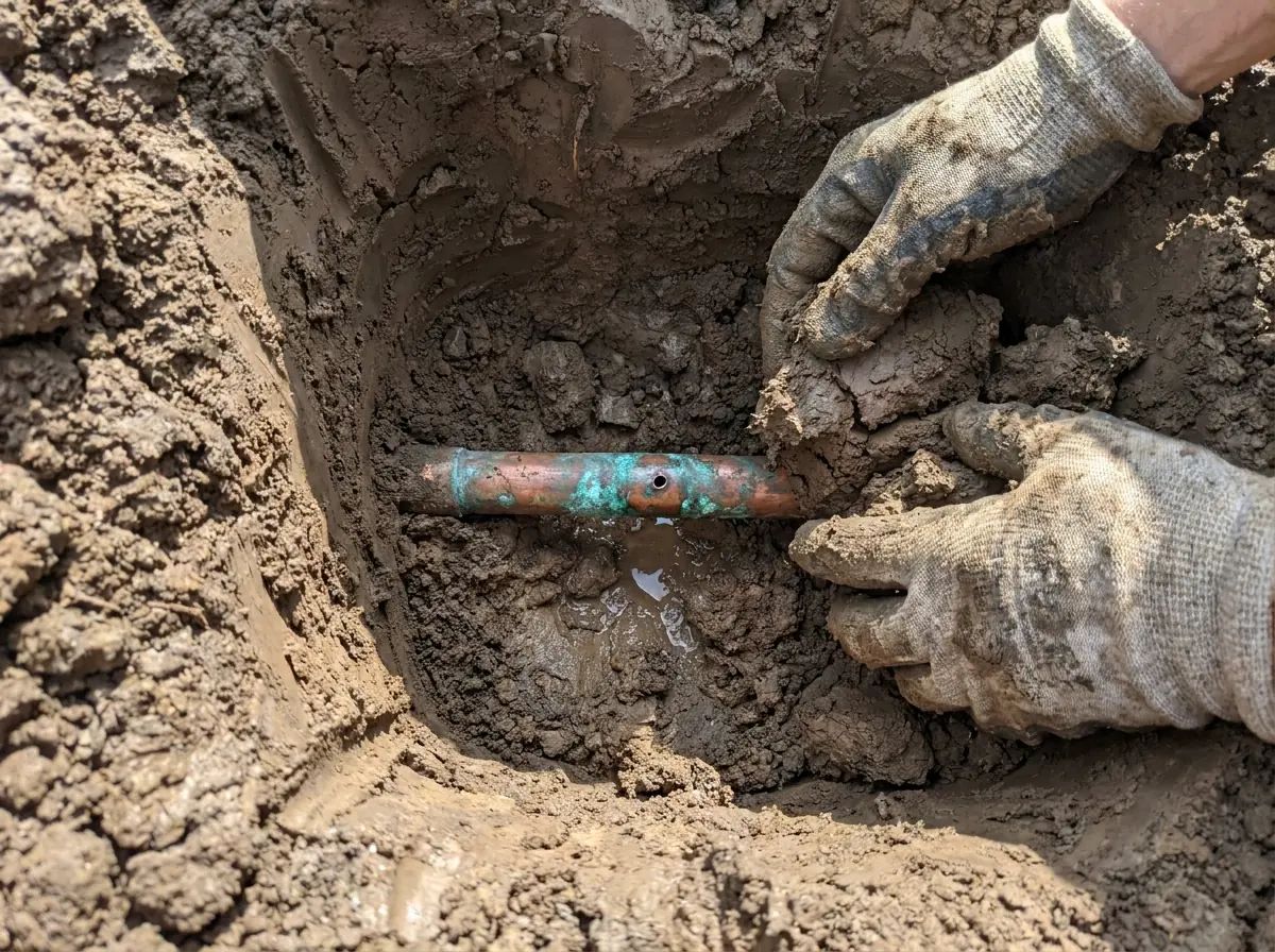 A pinhole leak found on a copper water service A copper water line exposed in wet soil with green corrosion around a pinhole leak, ready for repair.