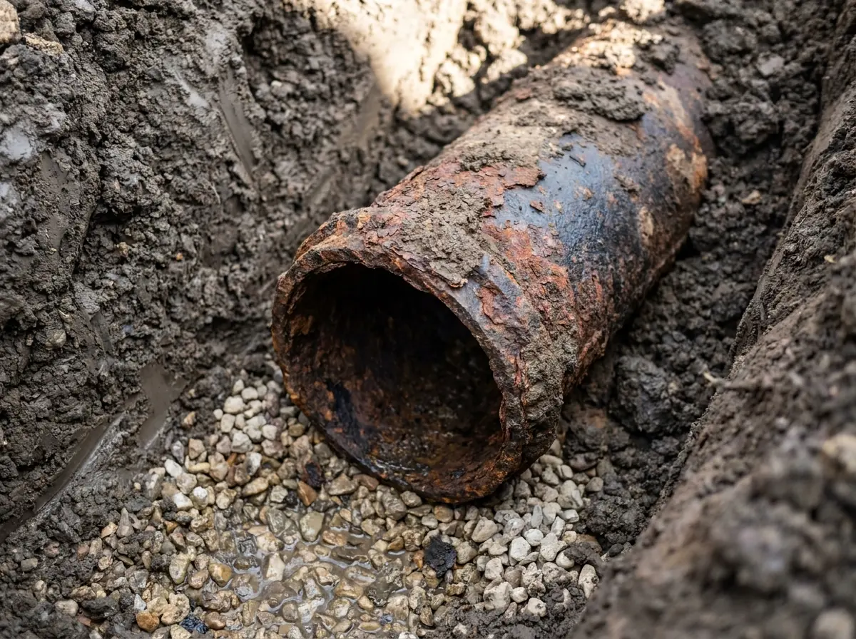 An old cast iron line still in the ground An old cast iron sewer pipe exposed in dark soil, deeply rusted and flaking on the outside but still holding its shape.