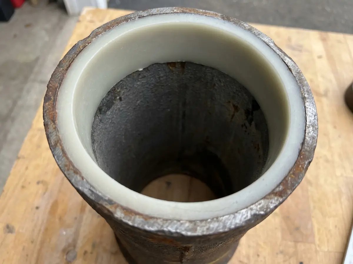 A cut length of old pipe with a cured CIPP liner bonded inside, the liner wall slightly narrowing the opening.
