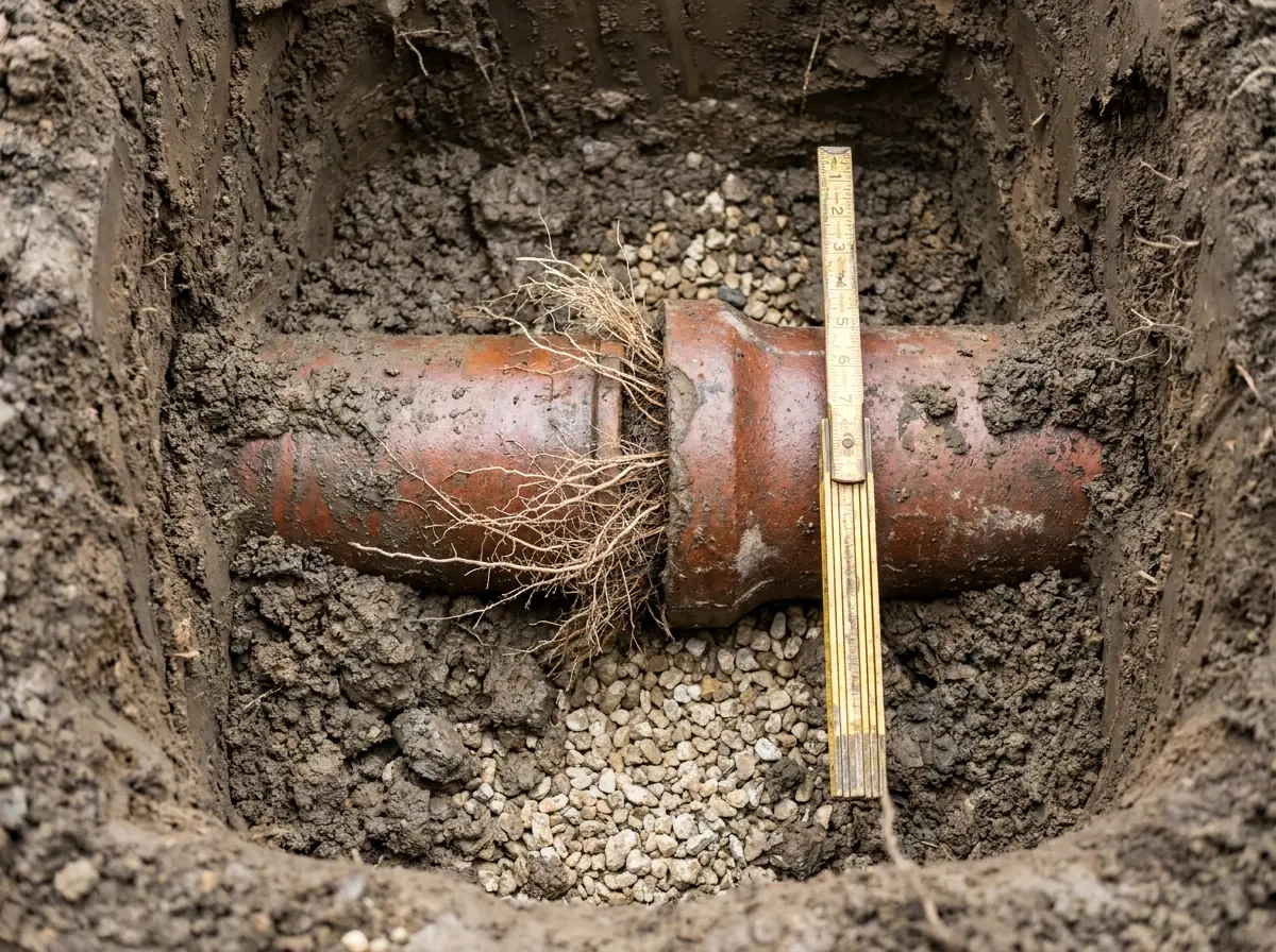 A section of excavated clay sewer lateral An excavated clay sewer lateral in dark soil, with a stepped joint and fine tree roots entering at the collar.