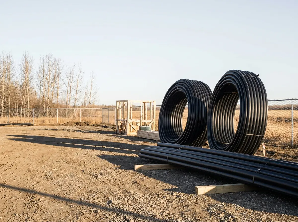 New HDPE pipe staged on a site Coils and straight lengths of black HDPE water and sewer pipe stacked on timber bearers on a construction site.