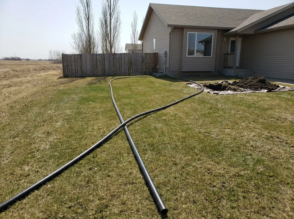 New HDPE pipe laid out ready to be drawn in A long length of black HDPE sewer pipe laid across a lawn, ready to be pulled into an access pit beside the house.