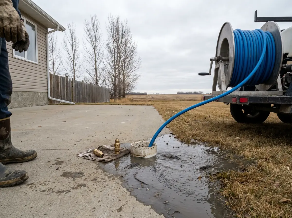 A jetting hose running into a cleanout A hydro jetting hose running into a sewer cleanout, dirty water carrying debris back out around it.