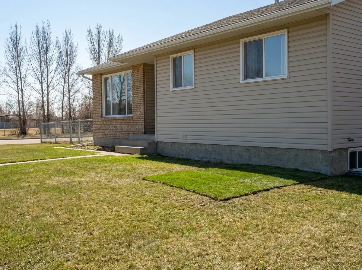 A front lawn after trenchless sewer repair, one small patch of new turf by the foundation and the rest of the grass intact.