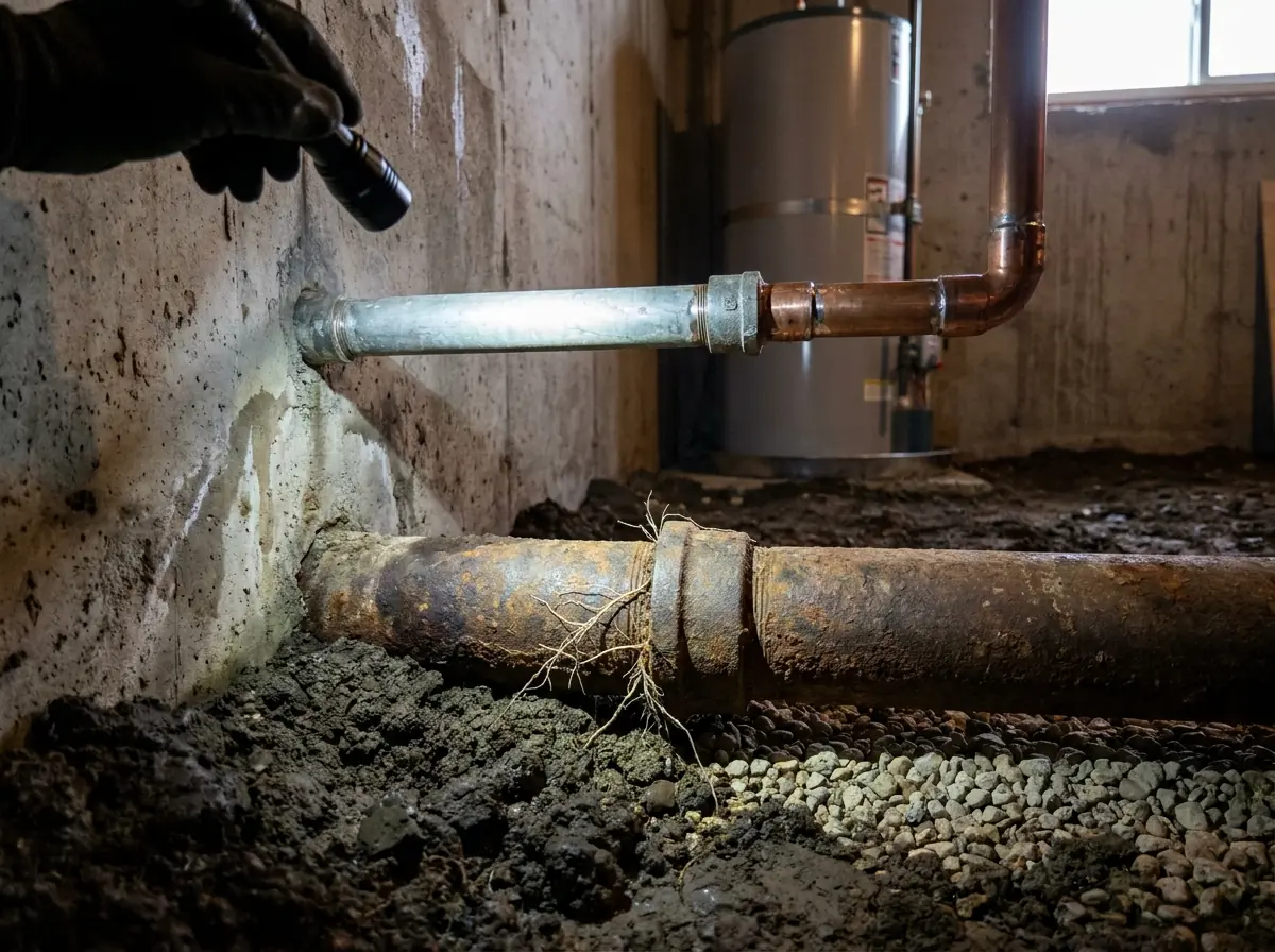 An old lead water service exposed at the wall An old lead water service line entering a basement wall, duller and softer-looking than the copper pipe joined to it.