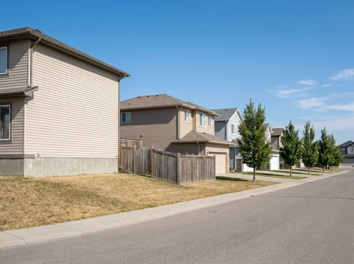 Northeast Calgary — 1980s onward, young trees A northeast Calgary street of 1980s and 1990s two-storey homes with attached garages and evenly spaced young trees.