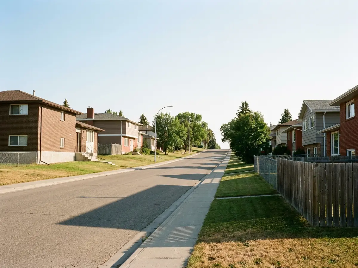 Northwest Calgary — established street on rising ground A 1970s northwest Calgary street of split-level houses on sloping ground with established but not ancient trees.