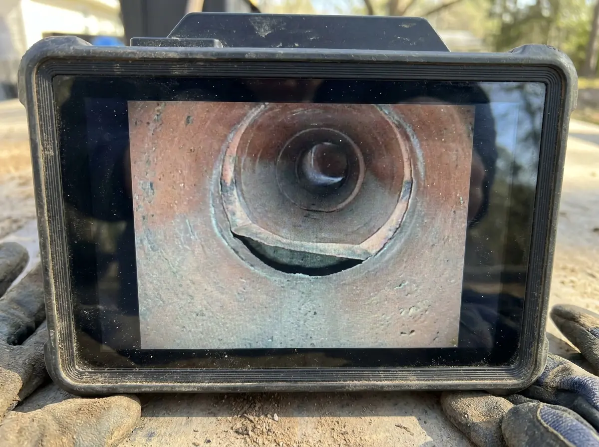 A sewer camera view of an offset joint in a clay pipe, one length dropped below the next leaving a visible step.