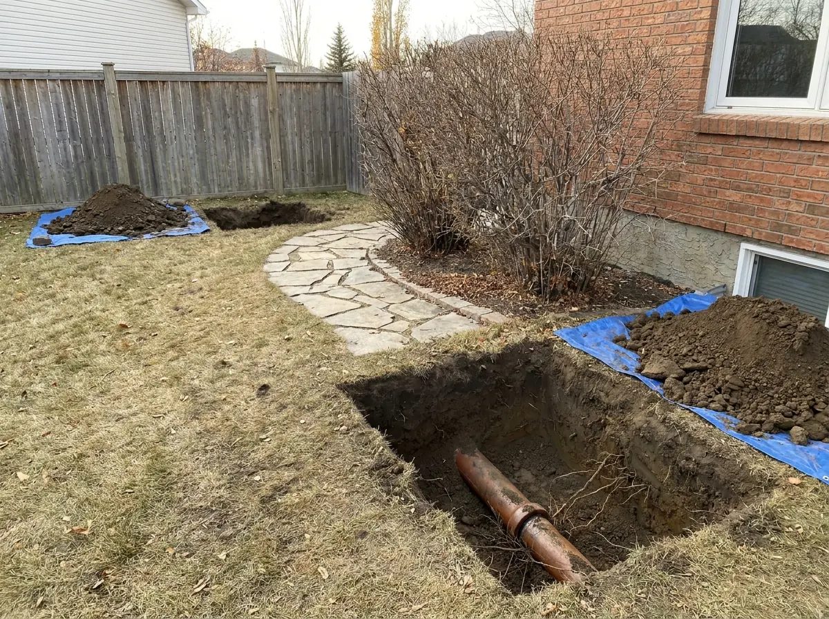 Two pipe bursting access pits at either end of a yard, the paver patio, stone path and shrub beds between them untouched.