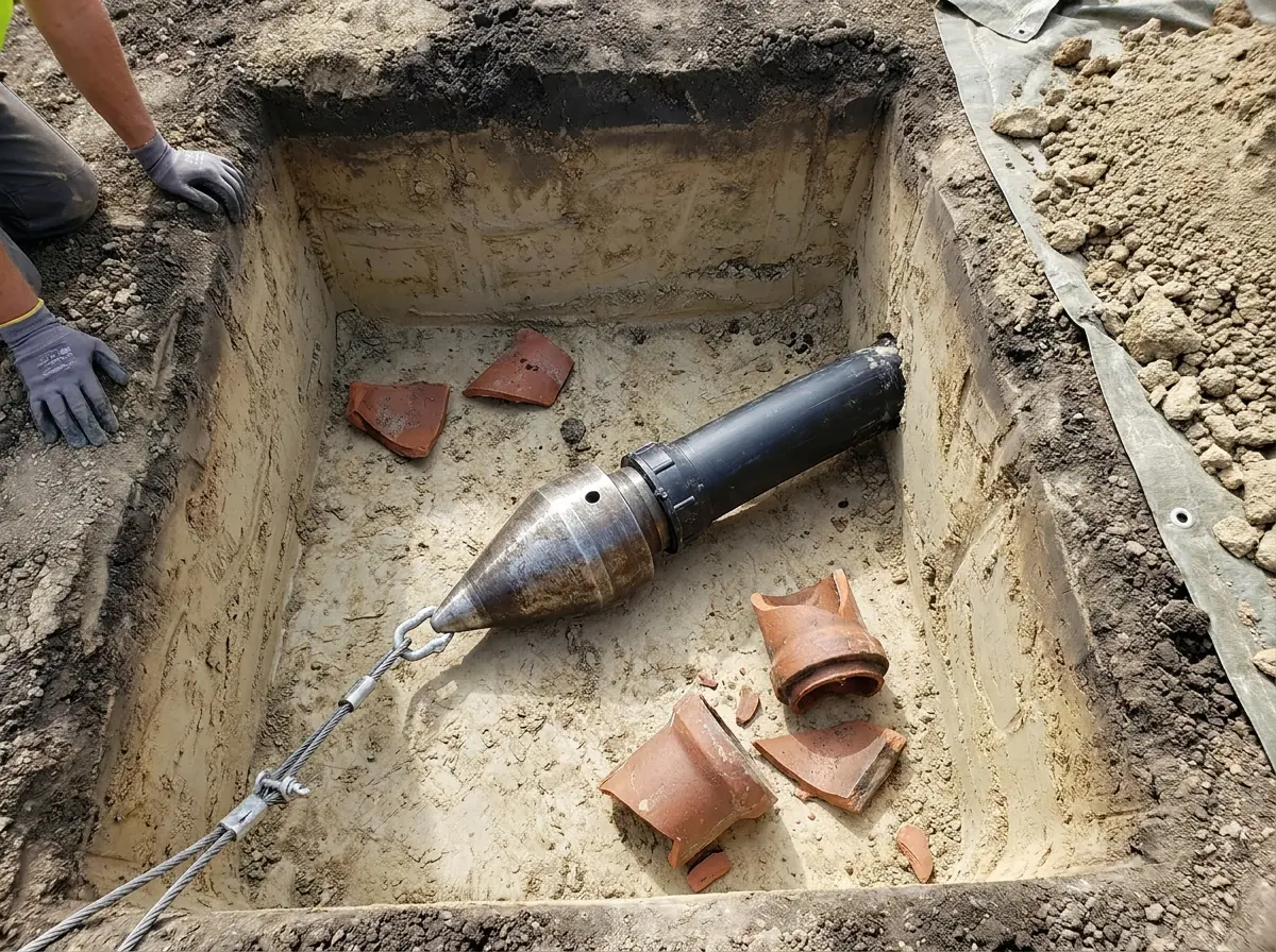 A pipe bursting head attached to new black HDPE sewer pipe in an access pit, beside broken pieces of the old clay pipe.