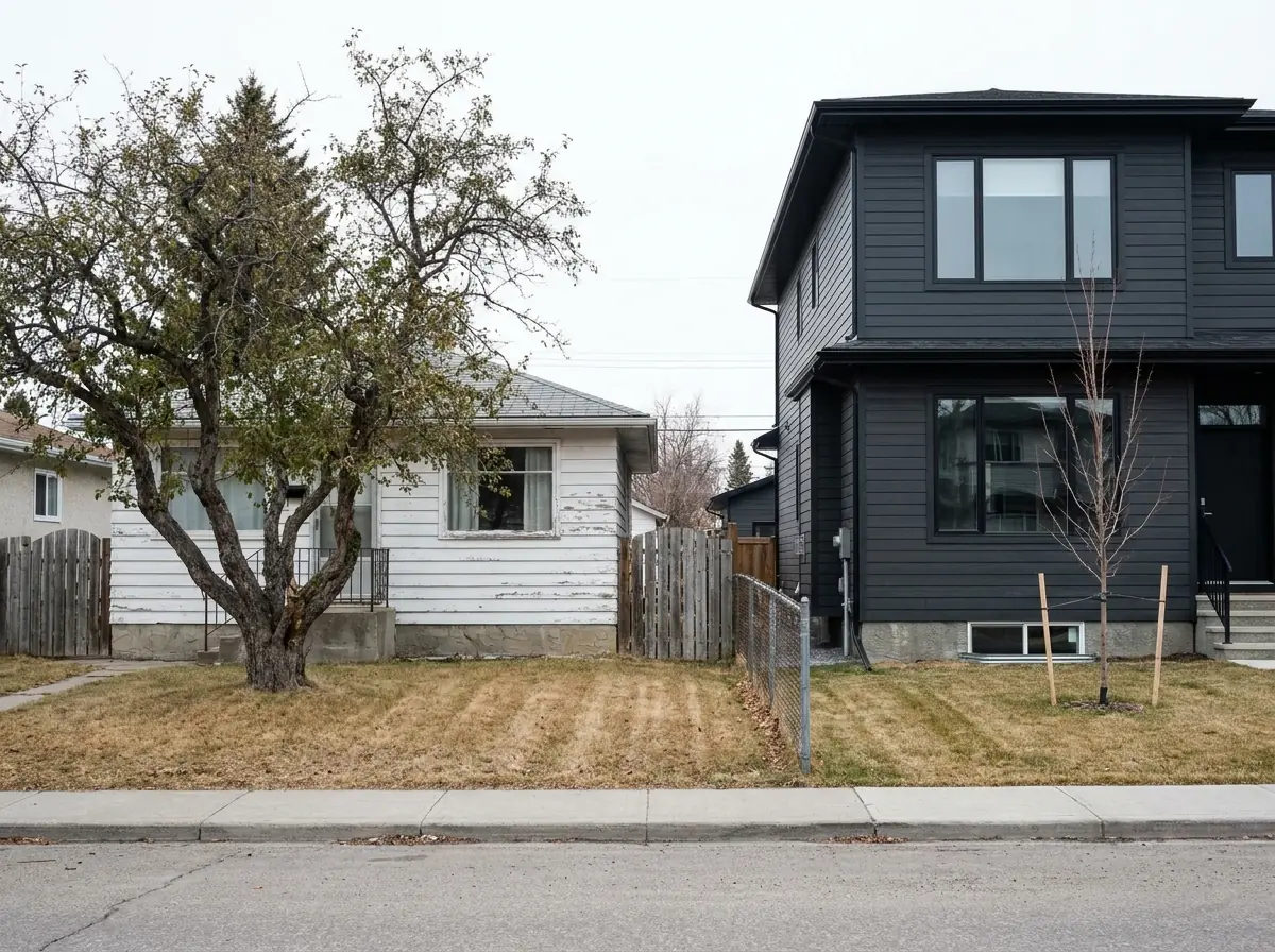 Southeast Calgary — old and new on one street A southeast Calgary street where a small older cottage stands directly beside a much taller newly built infill house.