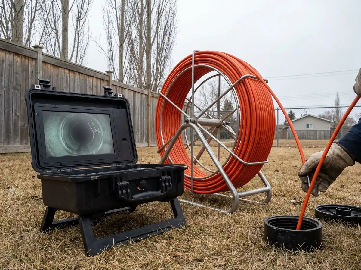 A push camera reel and monitor at a cleanout A sewer camera inspection reel running into a cleanout, its monitor showing the inside of a clay pipe.