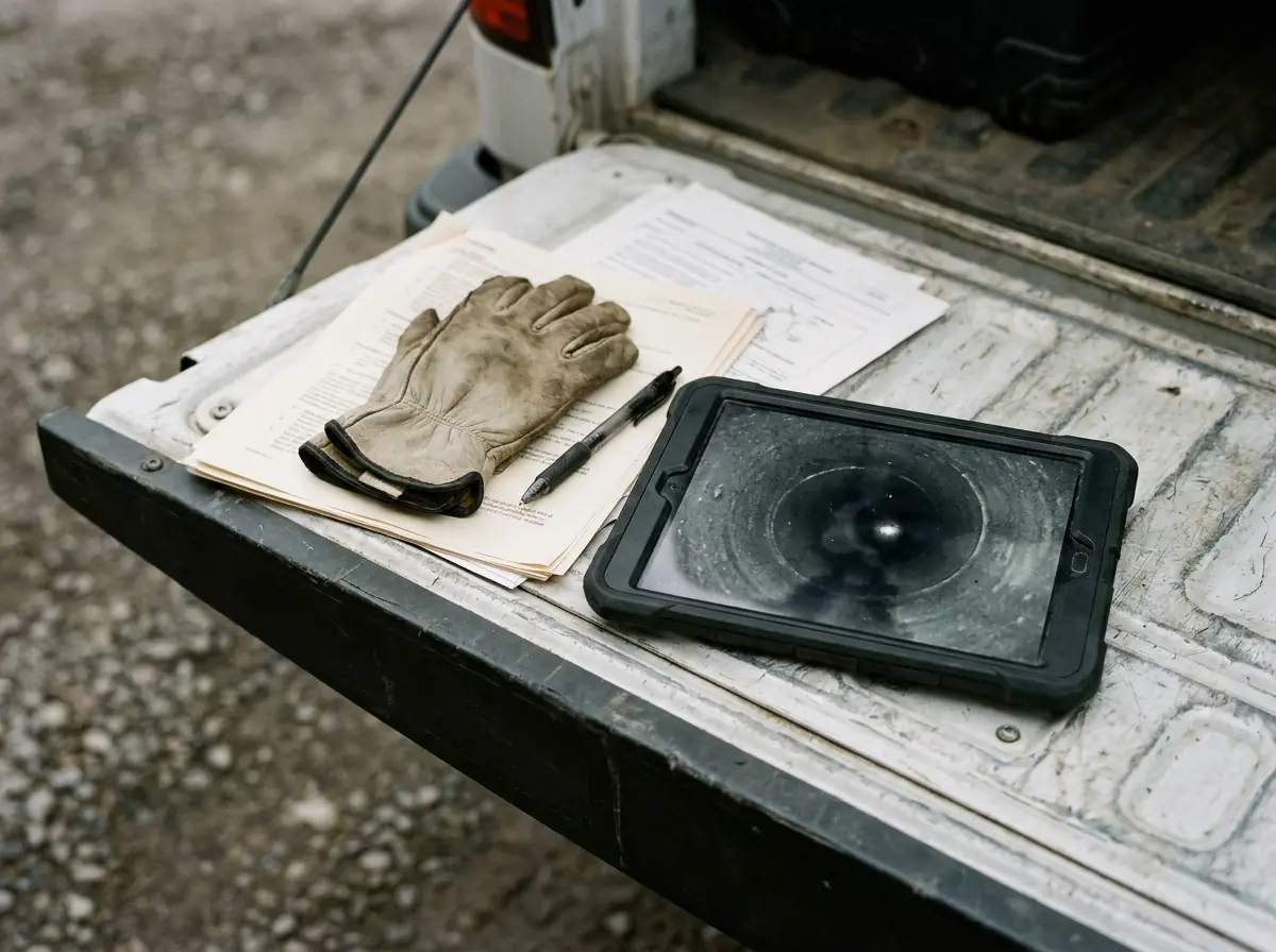 A pipe condition report on a tailgate A printed sewer pipe condition report and a tablet showing camera inspection footage on a work truck tailgate.
