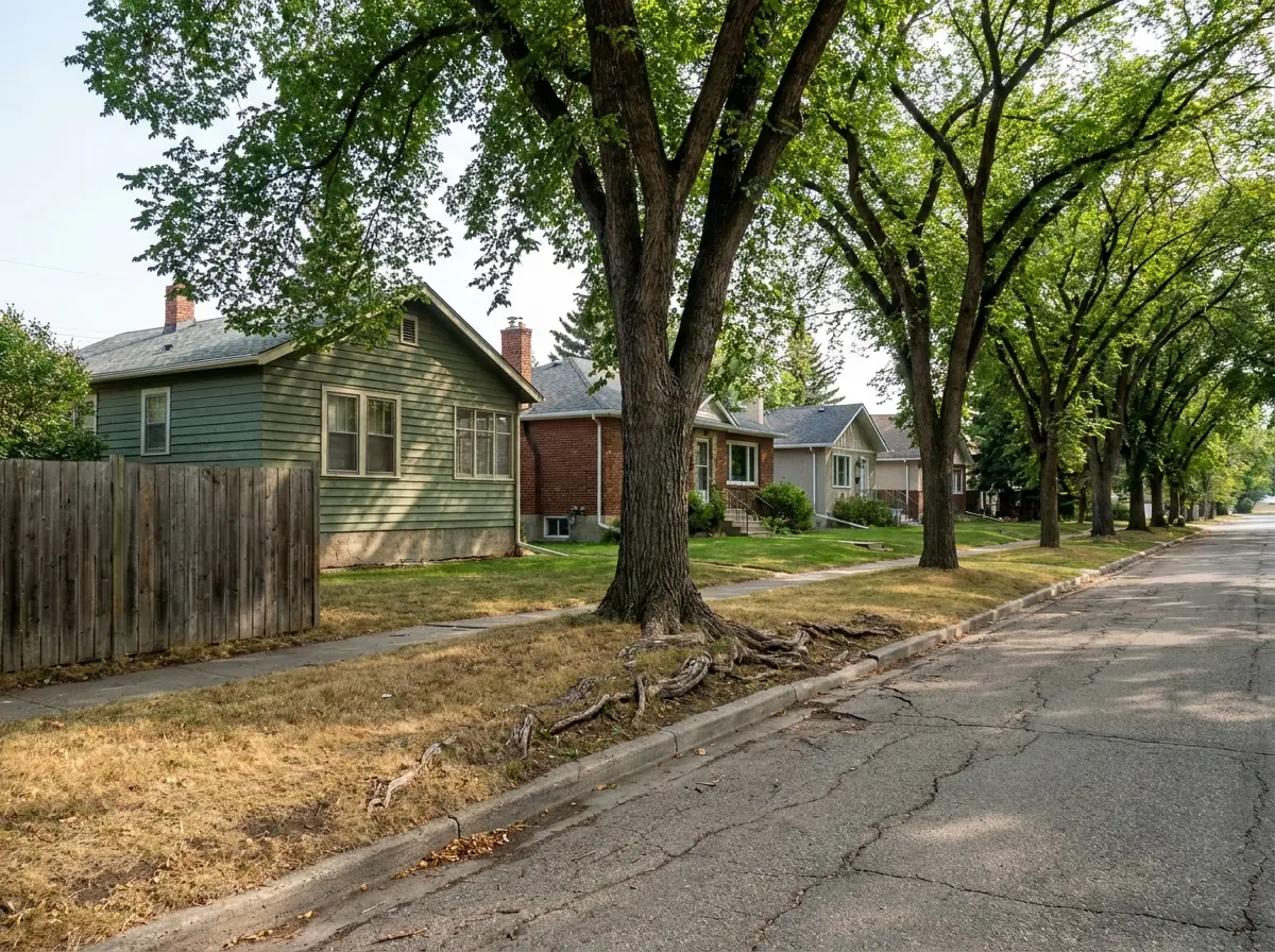 Southwest Calgary — the oldest stock under the heaviest canopy A narrow older southwest Calgary street with very large elms arching overhead and pre-war houses set behind deep lawns.