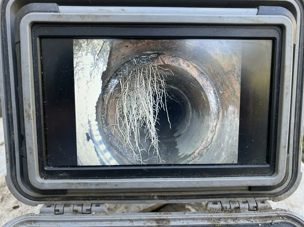 Tree roots in a sewer line: a camera monitor showing a dense mass of fine roots hanging into a clay pipe joint.