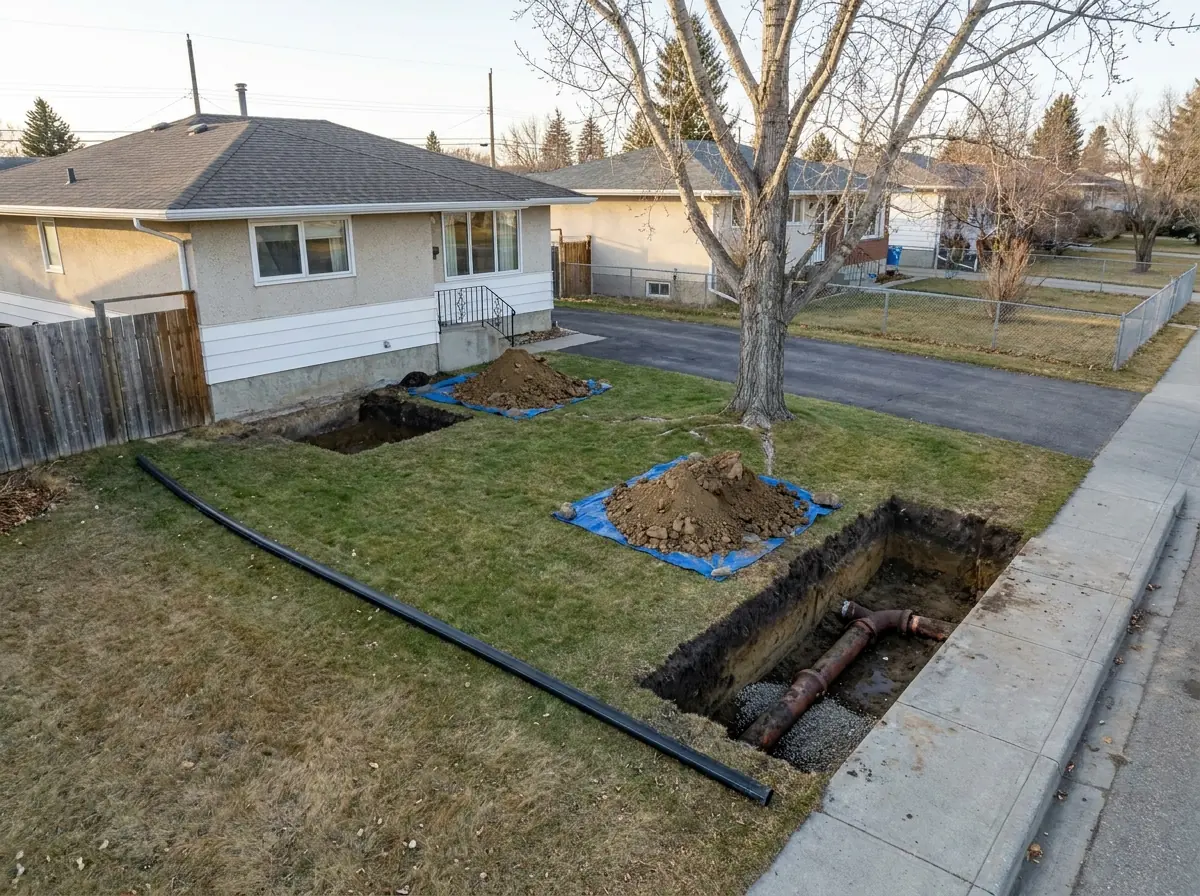 Two access pits and undisturbed ground between them Two small access pits for a trenchless sewer repair at either end of a lawn, the driveway and tree between them untouched.