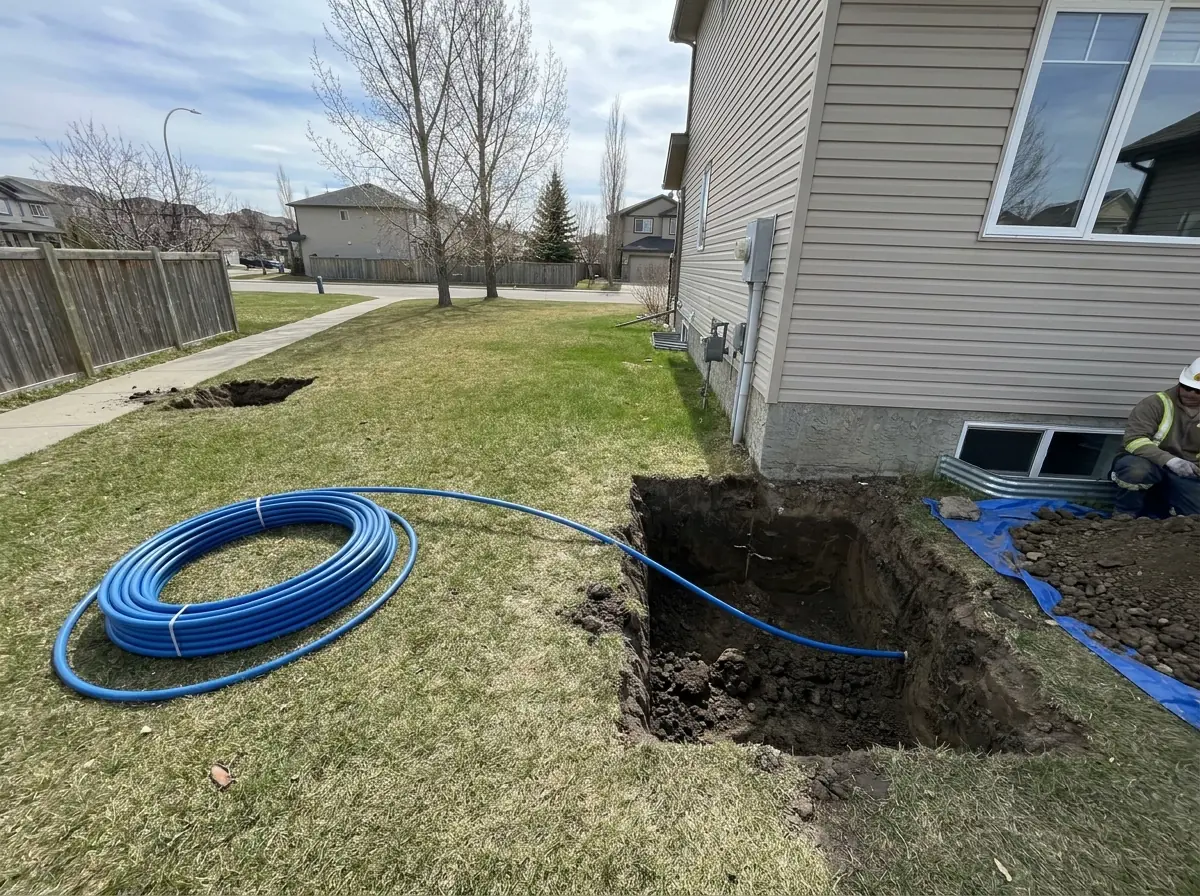 Trenchless water line replacement: new blue water service pipe drawn into a pit beside a house, the front lawn untouched.