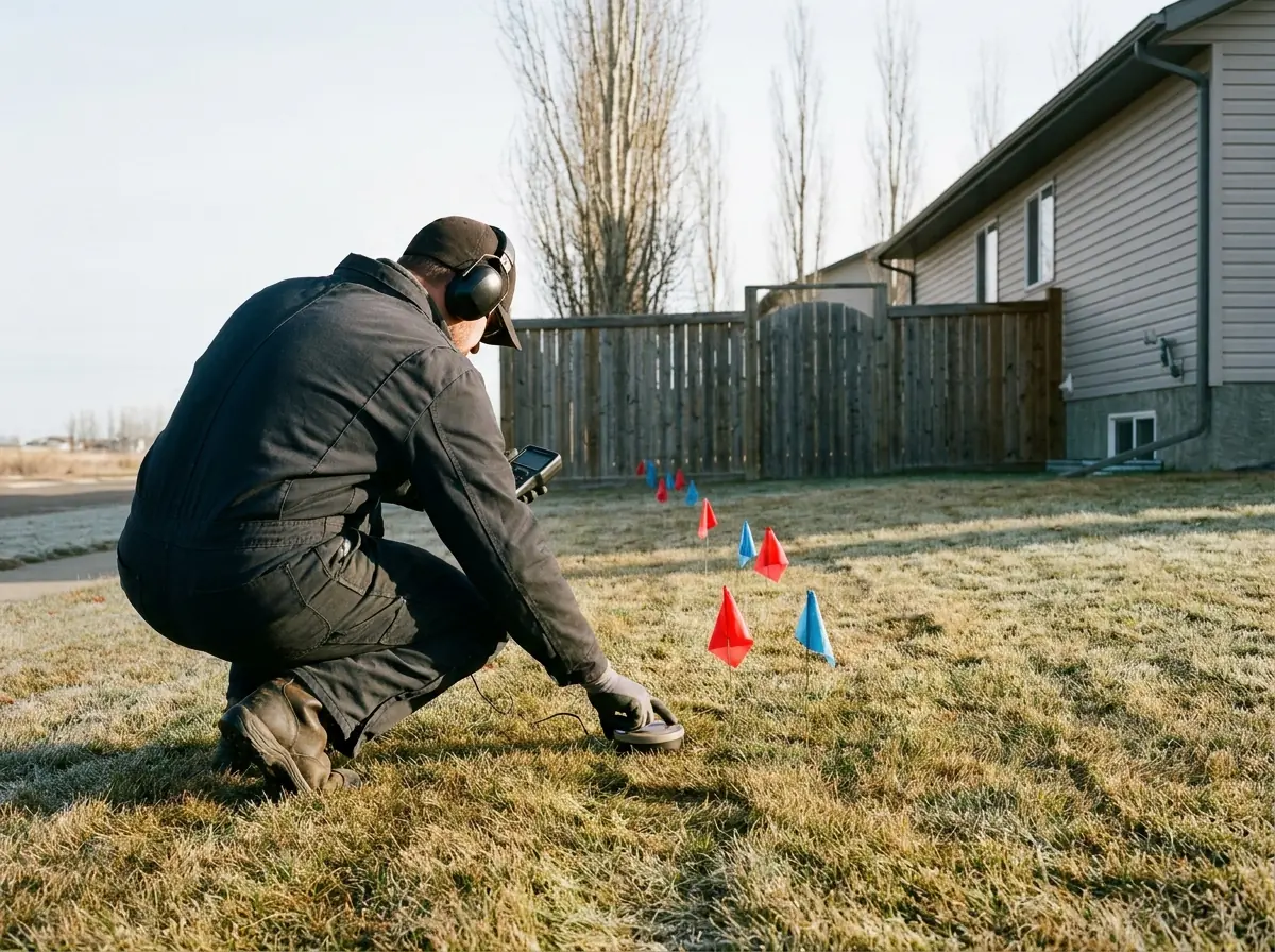 Listening for a buried leak from the surface Underground water leak detection: a technician in headphones listening through an acoustic ground microphone on a lawn.
