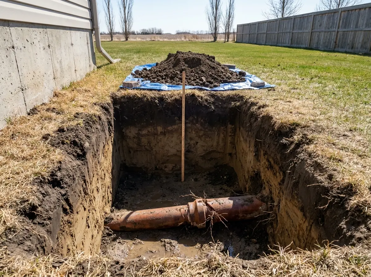 Depth and access on a water service replacement A deep access pit beside a house with a measuring rod showing how far below grade the water service line runs.